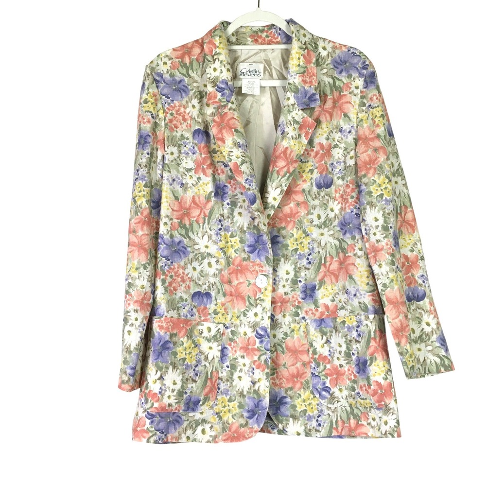 Cristin‎ Stevens Floral Light Weight Flax Blend One Button Blazer Multicolor
